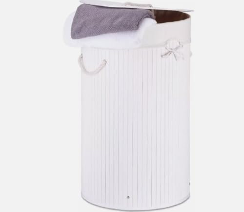 Bamboo Laundry Basket With Lids & Liner Foldable Washing Clothes Bin Hamper UK (Round White)
