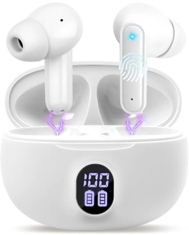 LWMTT Kopfhörer Kabellos Bluetooth,in Ear Kopfhörer Bluetooth 5.3,Weiß LED-Anzeige Headphones IPX7 Wasserdicht Kopfhörer Kabellos,30 H Spielzeit, Noise Cancelling Kopfhoerer USB-C Schnellaufladung 
