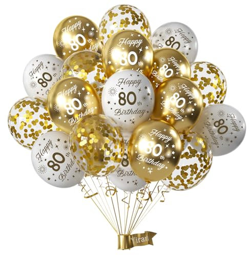 Yiran Luftballons 80. Geburtstag Deko Frauen Männer, 15 Stück Luftballons Weiß Gold Deko 80 Geburtstag Frau Mann, Happy 80th Birthday Ballons Konfetti Luftballons Geburtstag Deko Birthday Party Deko