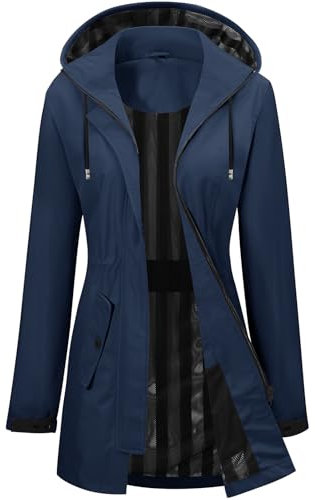 CMTOP Veste Imperméable Femme Raincoat Léger Respirant Coupe Vent Impermeable, Manteau de Pluie à Capuche Printemps Automne d'Extérieur Trench Coat pour Randonnée Camping(Bleu Marine,XL)