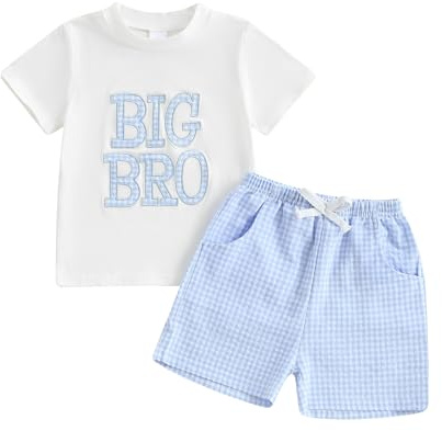 XIXIMAON Baby Boy Matching Brother Outfits Lil Bro Embroidery Short Sleeve T-Shirts Big Brother Plaid Shorts 2pcs Newborn Summer Sibling Clothes Set, blau, 12-18 Months