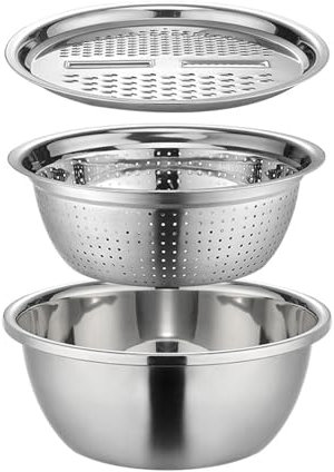 Colander Basin Mixing Bowl Set - Salad Maker Bowl | Multifunctional Stainless Steel Basin | Graters for Kitchen | Stainless Steel Grater | Salad Maker Fruit Vegetable Rice Washing Strainer