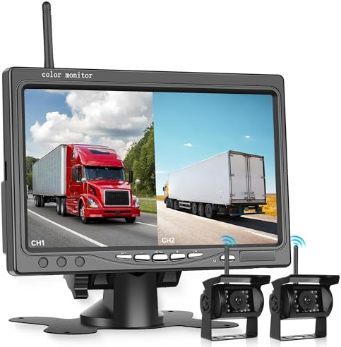 7 inch Wireless Backup Camera with 2* AHD Rear View Camera IPS Monitor Waterproof Night Vision Intelligent Reverse Lines Blind Spot Warning 12V-36V for Cars/Vans/Trucks/RV/Travel Trailer/Bus/Pickup