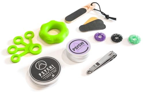 Psychi Kit de cuidado y rehabilitación de dedos para escalar, juego de prevención y recuperación de lesiones para escaladores y búlderes, fortalecedores de dedos, bálsamo, cinta, bobina, lima de piel