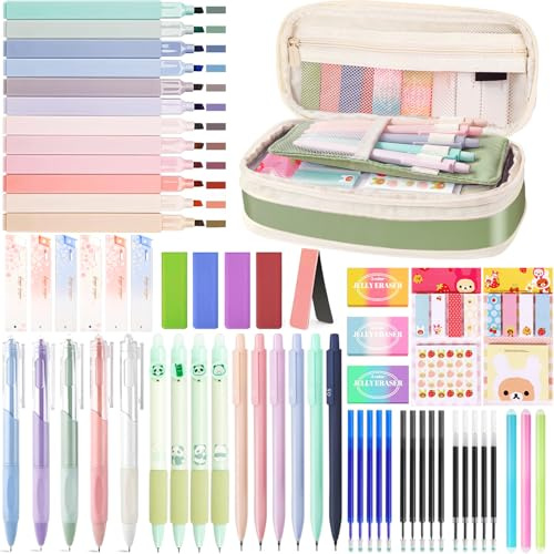 UNIANE 62 accessori per la scuola con astuccio, 12 evidenziatori pastello, 5 penne gel, 6 matite a pressione, 4 penne cancellabili, Aesthetic Stuff Clean Girl, Back to School Aesthetic, Office