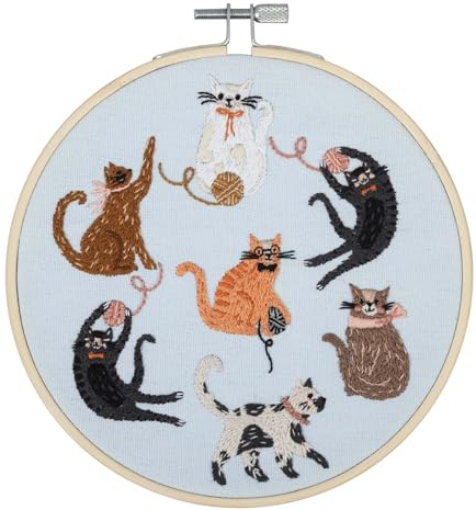 Trimits Embroidery Kits - 15cm 6 Embroidery Beginners Kit, Cross Stitch Kits for Adults, Starter Set with Bamboo Hoop, Fabric, Threads, Needle & Backing - Cats