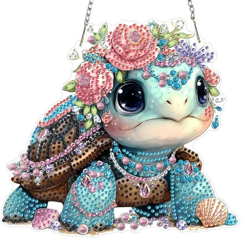MXJSUA Süße Schildkröte Diamond Painting Anhänger mit Kette Erwachsene, Diamant Painting Fensterbilder Hängende Ornament Bastelset Set für Wand Und Eingang Decor