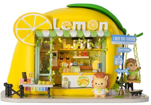 DIY-Puppenhäuser, 3D-Zimmerpuzzle & Buchstütze， DIY Puppenhaus Kit mit LED-Beleuchtung – Kreativset zur Regaldekoration (Zitrone)