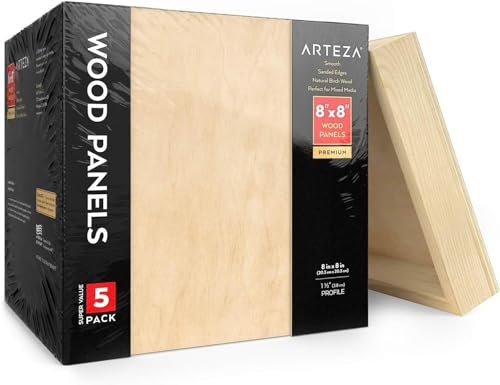 Arteza Hölzernes Leinwandbrett, 20,3 x 20,3 cm (8 x 8 Zoll), Birkenholz, gehaltene Künstler-Holztafel zum Malen, für enkaustische Kunst, Holzbrennen, Ausgießen, zur Verwendung mit Ölen und Acrylfarben, 5 Stück