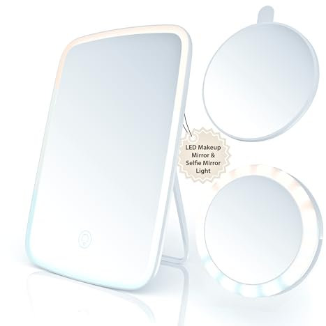 Batheology® [2+1 Stück Kosmetikspiegel mit Beleuchtung aus 42 LED, Schminkspiegel mit 5X Vergrößerung eingebaut - USB Wiederaufladbar + Selfie Licht Handy 40 LED, 3-Farben-Dimmbarer Touchscreen