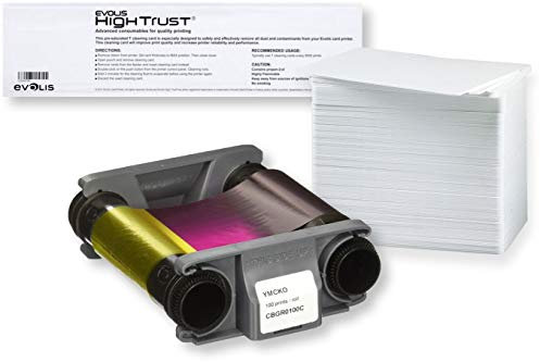 Evolis Badgy YMCKO Farbband [ CBGR0100C ] Paket mit 100 Plastikkarten blanko weiß und T-Reinigungskarte