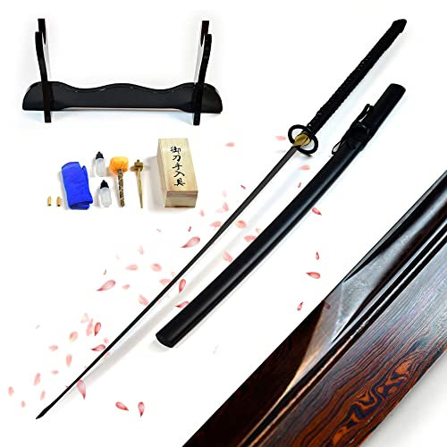 Nodachi Schwert - handgeschmiedet & gefaltet, Set - Blutdamast Edition, Samurai Schwerter scharf echt, 141 cm, Scheide, Schwertständer & Schwertpflegeset, Katana Schwert für Tameshigire & Samurai Deko