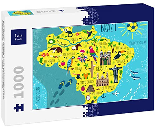 Lais Puzzle Brazil illustrated map, South America, with landmarks, museum, church, traditional food, Brazilian carnival, animals and flowers 1000 pieces