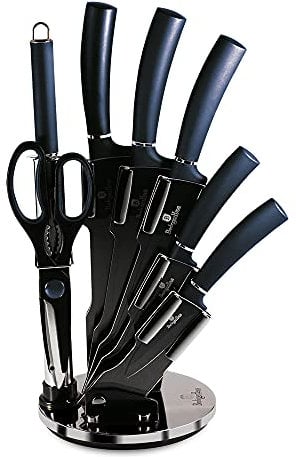 BerlingerHaus Haus Aquamarine Professionelles Küchenmesser-Set 8-Teilig, Edelstahl, Antihaftbeschichtung, Acrylhalter, Kochmesser, Zwiebelmesser, Santoku-Messer, Wetzstahl, Schere, Metallic-Design BH-2564 Marineblau