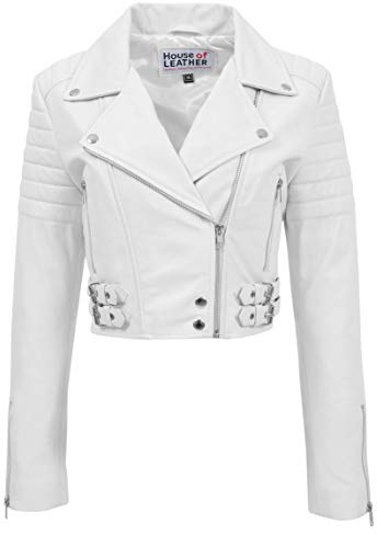 Giacca corta da donna in vera pelle, stile motociclista, corta, lunghezza corta