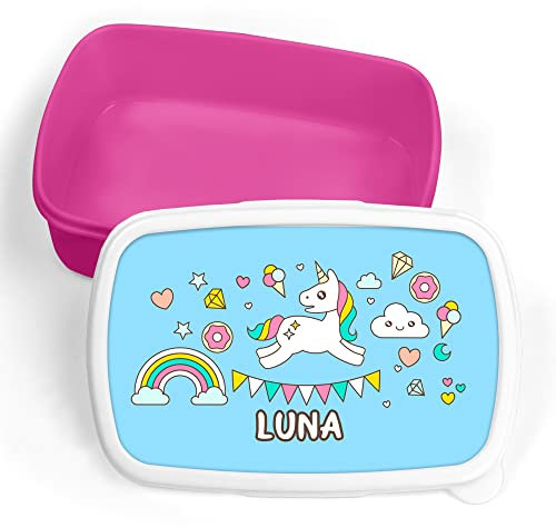 Print Maniacs Personalised Lunch Box Rainbow Unicorn School Sandwich Kids Picnic Snack Food Bag Children's Travel Girls Boys Toddler Box Tub Pack Box (Pink, Add Name)
