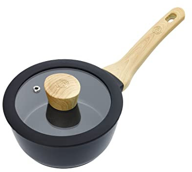 MasterChef Casserole Tout Feux, Induction, Gaz, Céramique et Plus, Anti-adhésive, Revêtement Anti-Dérapant, Poignées au Toucher Doux, Couvercle en Verre, 20cm, Aspect Bois