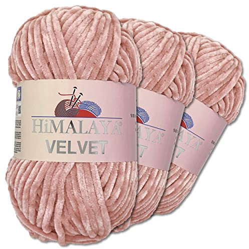 Wohnkult Himalaya 3 x 100 g Velvet Dolphin Wolle 40 Farben zur Auswahl Chenille Strickgarn Flauschwolle Glanz Accessoire Kleidung Decken (90049 | Altrosa)