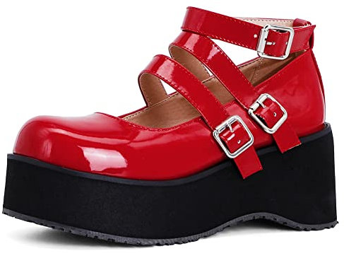 RUKOEVIM Damens T-Strap Goth Plateau Mary Jane Schuhe Dress Pumps Brogue Shose Schnalle Strap Runde Zehen Chunky Thick Heel Punk Pumps Red Size 38