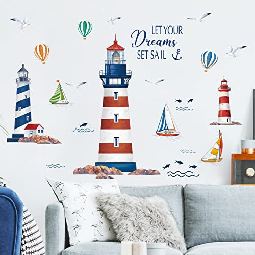wondever Wandtattoo Nautisch Leuchtturm Wandaufkleber Segelboot Möwen Wandsticker Wanddeko für Kinderzimmer Babyzimmer Wohnzimmer