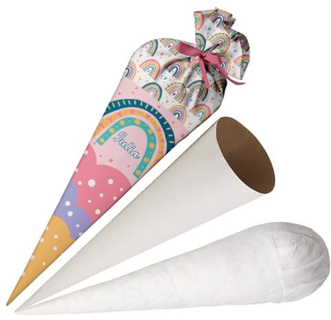 Ferocity Schultüte Regenbogen für Mädchen aus Stoff, Personalisierte Tüte, 70 cm Zuckertüte mit Namen, runde Papprohling und Füllung aus Silikonkügelchen, große Tüte als Kissen [149]