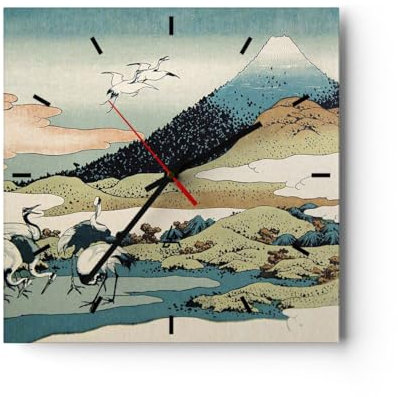 Modern Wanduhr Japan Kraniche Bild 40x40cm Quadrat Groß Wand Uhr Glas Analog Zimmeruhren Küche Büro Wohnzimmer Glasuhr Wall Clock Dekoration Design Wanddekoration Küchenuhr C3AC40x40-4541