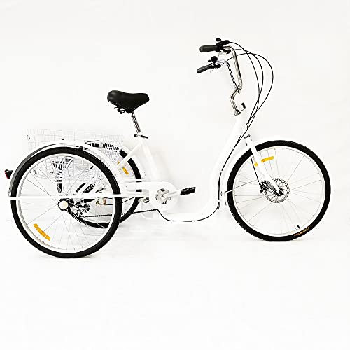 26 Zoll 3 Räder Dreirad für Erwachsene mit Einkaufskorb 6 Gäng Fahrrad Trike Behindertenrad mit Einkaufskorb Weiß