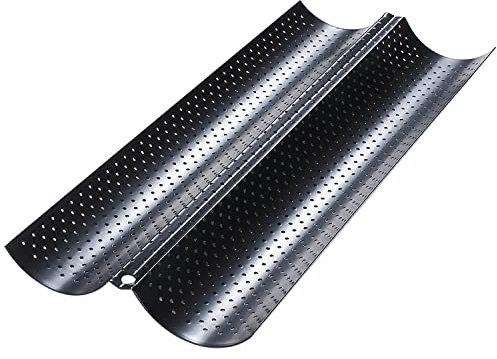 Dilpeak Moulle baguette four, moulle à baguette pain, moule baguette, plaque de cuisson perforée Anti-antiadhésif, pour 2 baguettes, moules à pain en haute qualité (38x16.2x2.4cm noir)