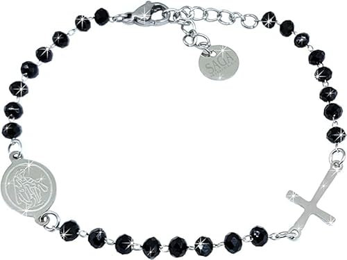 SAGA GIOIELLI® Bracciale Donna Uomo Rosario Cristalli Neri Acciaio