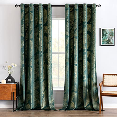 MIULEE Velvet Curtains with Gold Foil Leaves Pattern, 2 Dark Green Velvet Curtains with Eyelets, Each 55 x 110 Inch, Room Darkening Drapes for Classical Living Room Bedroom