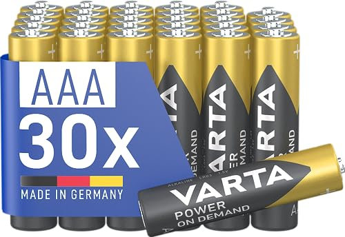 VARTA Piles AAA, lot de 30, Power on Demand, Alcalines, 1,5V, pack de stockage, pour accessoires informatiques, smart home, lampes de poche, Made in Germany