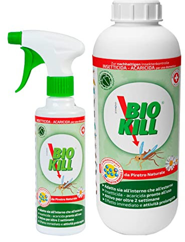 Kit Biokill Insetticida Biologico di Piretro Naturale a Base Acquosa - 1x Flacone Spray da 375ml + 1x Ricarica da 1 Litro Bio Kill