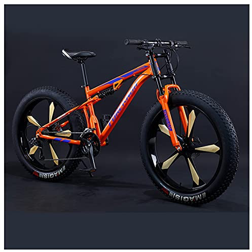 REOTEL 26 Zoll Mountainbike Herren Damen Mountainbike Fatbike, 7/21/24/27/30 Gang-Schaltung Erwachsene Fette Reifen Fahrrad, Rahmen Kohlenstoffstahl Vollfederung Bike,Orange 5 Spoke,30 Speed