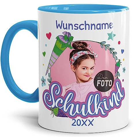 Tassendruck Personalisierbare Tasse zur Einschulung - Schulkind mit Foto, Name und Jahr personalisiert - personalisierte Geschenke zur Einschulung Mädchen | 300ml, Innen & Henkel Hellblau