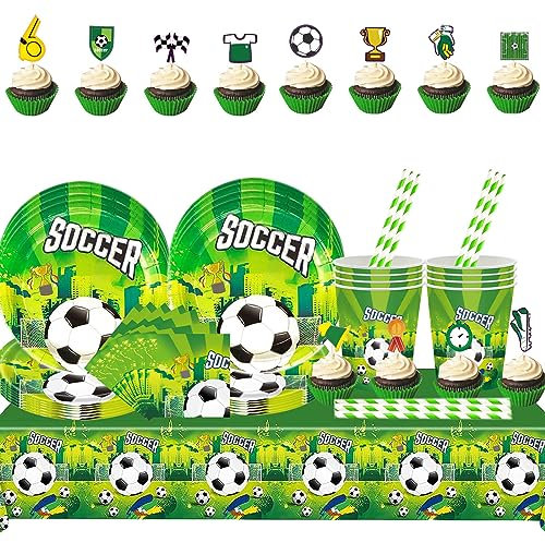 Aszaui 105 Stück Fussball Geburtstag Deko Kinder Partygeschirr Set, Jungen Fußball Party Dekorationen Geburtstagsparty,Kindergeburtstag Party Supplie,für 20 Gäste