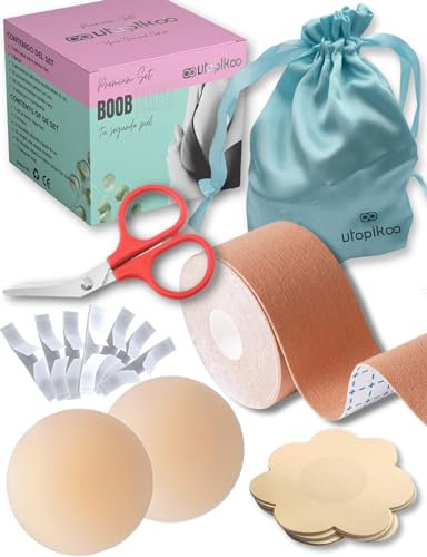 UTOPIKOO® Boob Tape.Cinta Adhesiva Pecho 5m+2 Pezoneras Adhesivas Invisibles Silicona Reutilizables 8,5 cm.+10 Cubre Pezones Saten+50 Cinta Doble Cara Ropa y Piel+Tijeras+ Bolsita Viaje- Set Premium