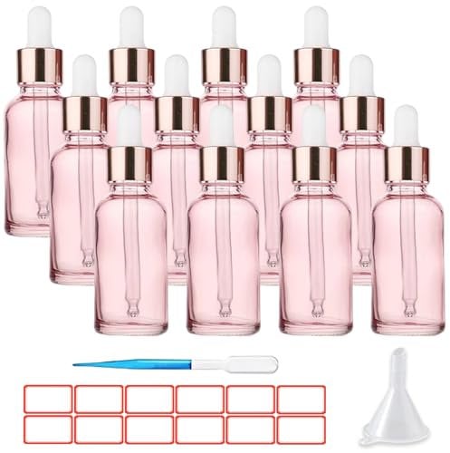 TUAKIMCE 12 x 30ml Glass Dropper Bottles with Pipettes, Refillable Sample Bottles with Funnel and Label for Essential Oil Blending, Perfumery (Pink)