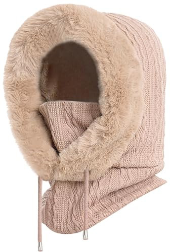 XYIYI Beige Damen Stricken Beanie Warmer Fleece Kapuzenschal Winter Balaclava Pullover Gestrickte Mütze Maske Set mit Kordelzug