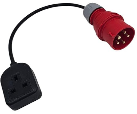 UK Made 16A 3-Phase Red 5-Pin CEE Plug to Single Heavy Duty Rubber 13A 230V UK Socket Lead Converter