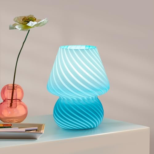 ONEWISH Lampe Champignon-Lampe de Table avec Verre à Rayures, Lampe de Chevet Chambre, Salon, Café, Bureau, Ampoule Incluse, Cadeau pour les Filles, Femmes, Anniversaire, Nouvelle Année, Bleu