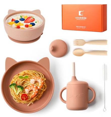 COOLABLE Set de Repas Bébé en Silicone sans BPA, Vaisselle 6 Pièces - Bol et Assiette avec Ventouse, Tasse, Fourchette et Cuillère - Compatible Lave-vaisselle et Micro-ondes - Rose
