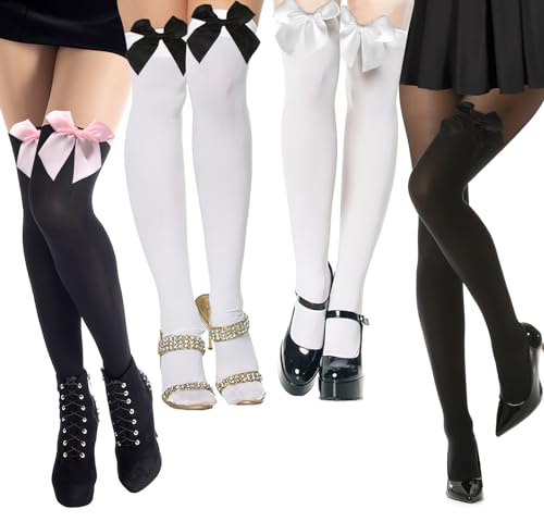 AILUYA 4 paia di calze da donna con fiocco, calze alte al ginocchio, calze al ginocchio, in pizzo sopra il ginocchio, calze sopra il ginocchio con fiocco per ragazze, accessori per feste – nero,