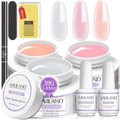 Saviland aufbaugel für gelnägel: 3pcsx30g Clear Nudes Pink Hartgel für Nägel Extension Gel Set mit 100pcs Nagelformen & Nagelpinsel Nail Art Maniküre Set zum Selbermachen