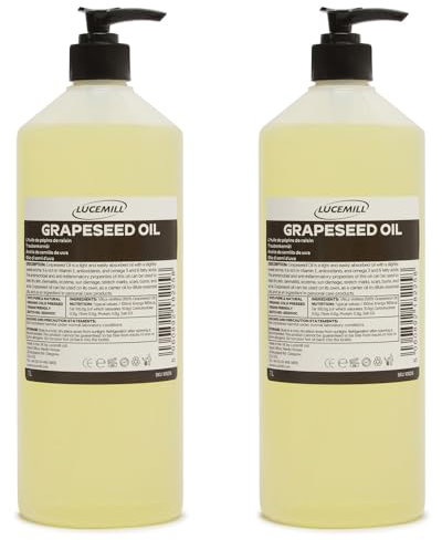 Lucemill 2 Litre (2x1L) Grapeseed Oil - 100% Pure, Cold Pressed & Unrefined Carrier Massage Aromatherapy Oil, Yellow