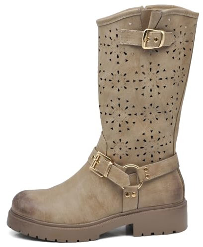 IF Fashion Scarpe da Donna Stivali Primaverili Estivi Traforati Alla Caviglia Biker Motociclista Con Fibbia WZ688-62 khaki N.37