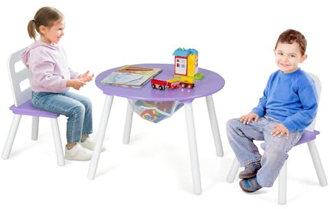 COSTWAY Kindertisch mit 2 Stühlen, 3 TLG. Kindersitzgruppe aus Holz, Kindersitzgarnitur mit Abnehmbarer Tischdeckel & Aufbewahrungsbeutel, Kindermöbel-Set stapelbar für Jungen Mädchen (Lila)