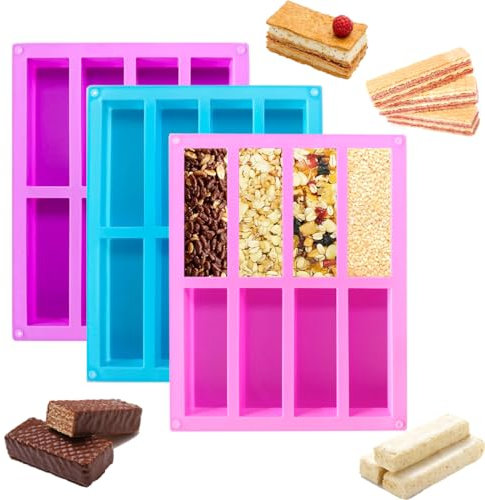 WWYSSZ 3 Pièces Moule Barre de Céréales, Moules pour Barres de Céréales, Moule Silicone Rectangulaire 8 Cavités, Plat de Cuisson Energy Bars, pour Pain,Barre de Chocolat,Barre Granola,Biscuits,Gâteau