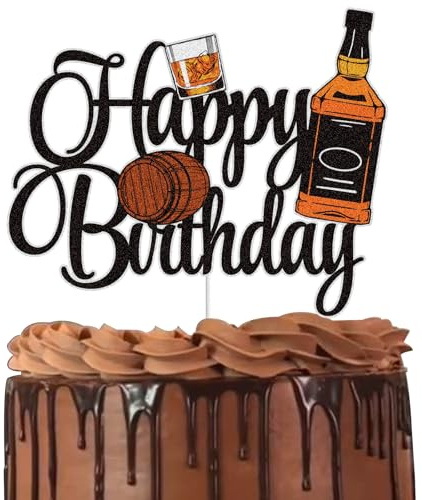 LINGBOOM Cake Topper, 3.7*5.9inch Black Glitter Whiskey for Birthday, Aged to Perfection, 1 count, Dessert-Decorating Cake Toppers