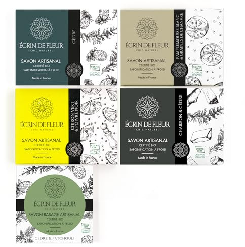 Écrin de Fleur – Bio Seifenset für Männer, 5 Handgemachte Seifen, COSMOS & Nature et Progrès Zertifiziert, Zeder, Aktivkohle, Limette, Rasierseife