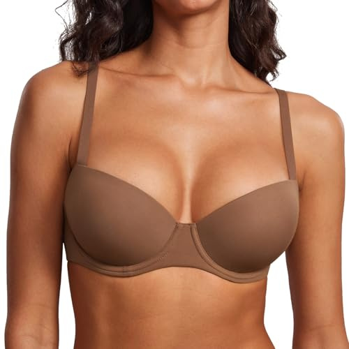DOBREVA Women's Lightly Padded Balconette Bra Tshirt Supportive Demi Underwire Plus Size Sandalwood Brown-2 34D